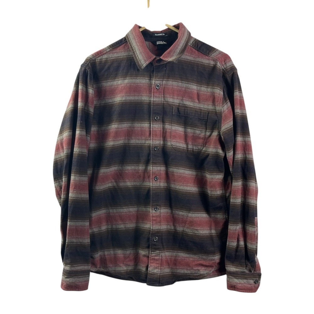 Eddie Bauer Long Sleeve Stripe Classic Flannel Shirt Mens Medium Red Black